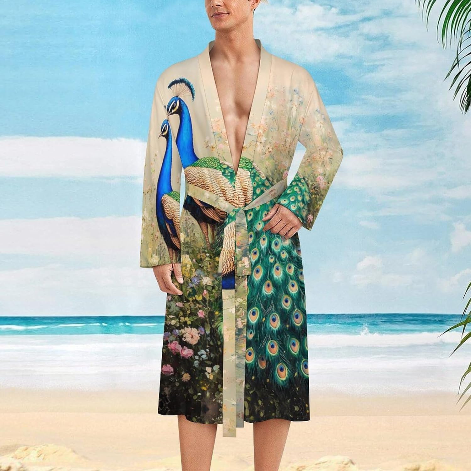 Beautiful Peacock Mens Robe Long Bathrobe for Women Bath Robes Lightweight Soft Printed Sleepwear