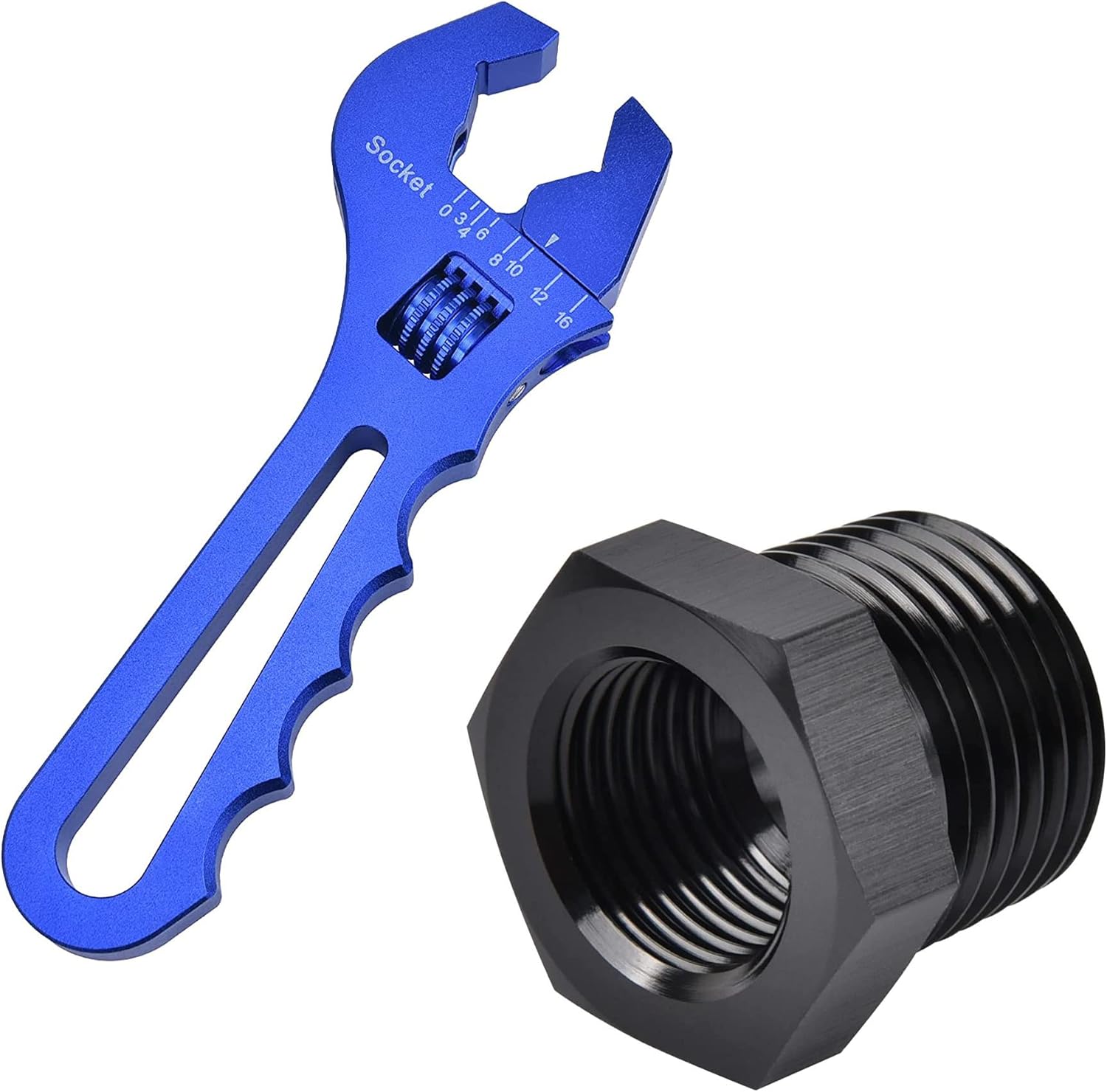 EVIL ENERGY 1/2 NPT Male to 3/8 NPT Female Reducer Fitting Bundle with Adjustable 3AN-16AN Wrench Aluminum Blue