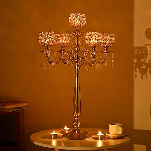 Miniatura 11 de VINCIGANT Candelabro de piso alto de 5 brazos, candelabros de cristal para centros de mesa de boda, candelabros de cristal plateado para decoración
