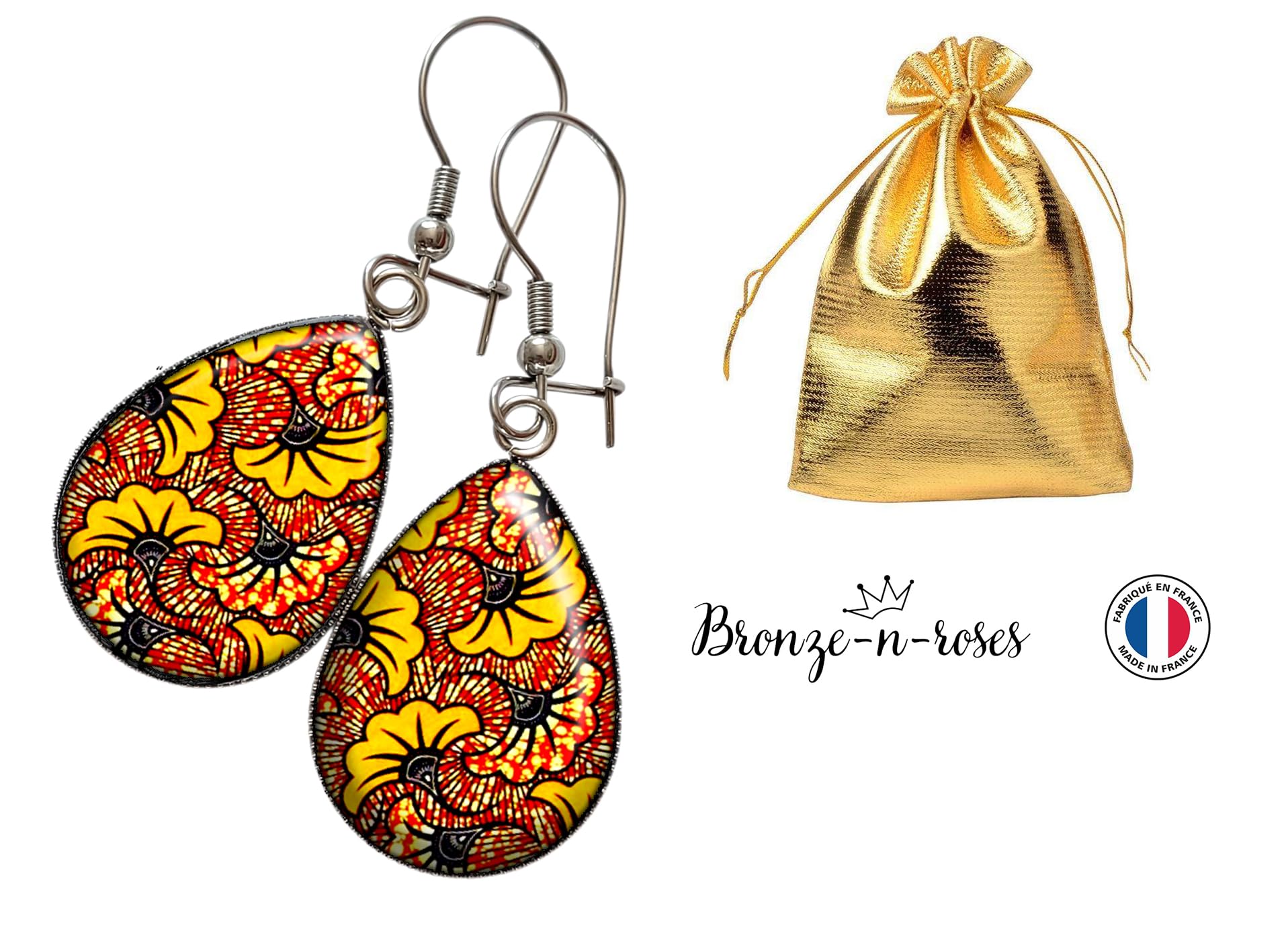 Boucles d'oreilles gouttes wax jaune rouge fleurs ethnique afrique cadeau