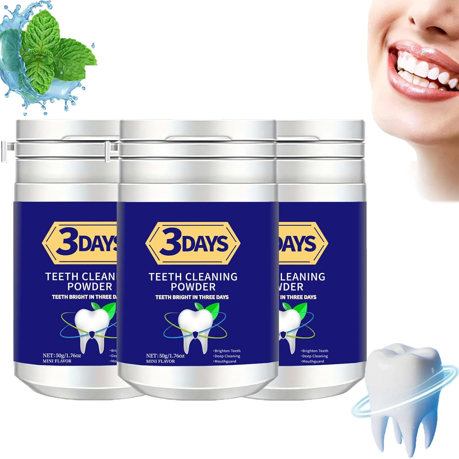 Pó Clareador Dental com 100g em 3 Dias - Remoção de Manchas e Sorriso Brilhante com Pó de Menta Natural
