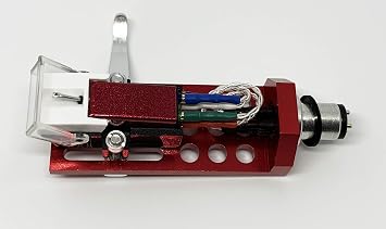 Cartridge and Stylus, Conical needle and Red Headshell with mounting bolts for Hitachi HT50S, HT20S, HT21, HT405, HT65S, HT67, HT68, HTM50, HT40S