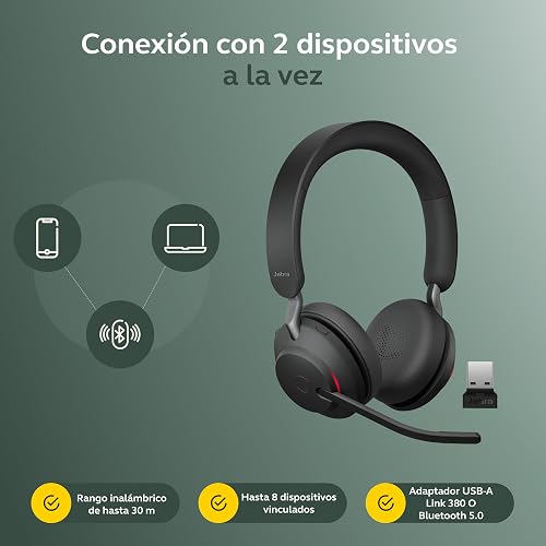 Jabra Evolve2 65 Casque PC Sans Fil - Casque Audio Anti-Bruit Certifié Microsoft Teams avec Batterie Longue Durée - Adaptateur Bluetooth USB-A - Noir - 10