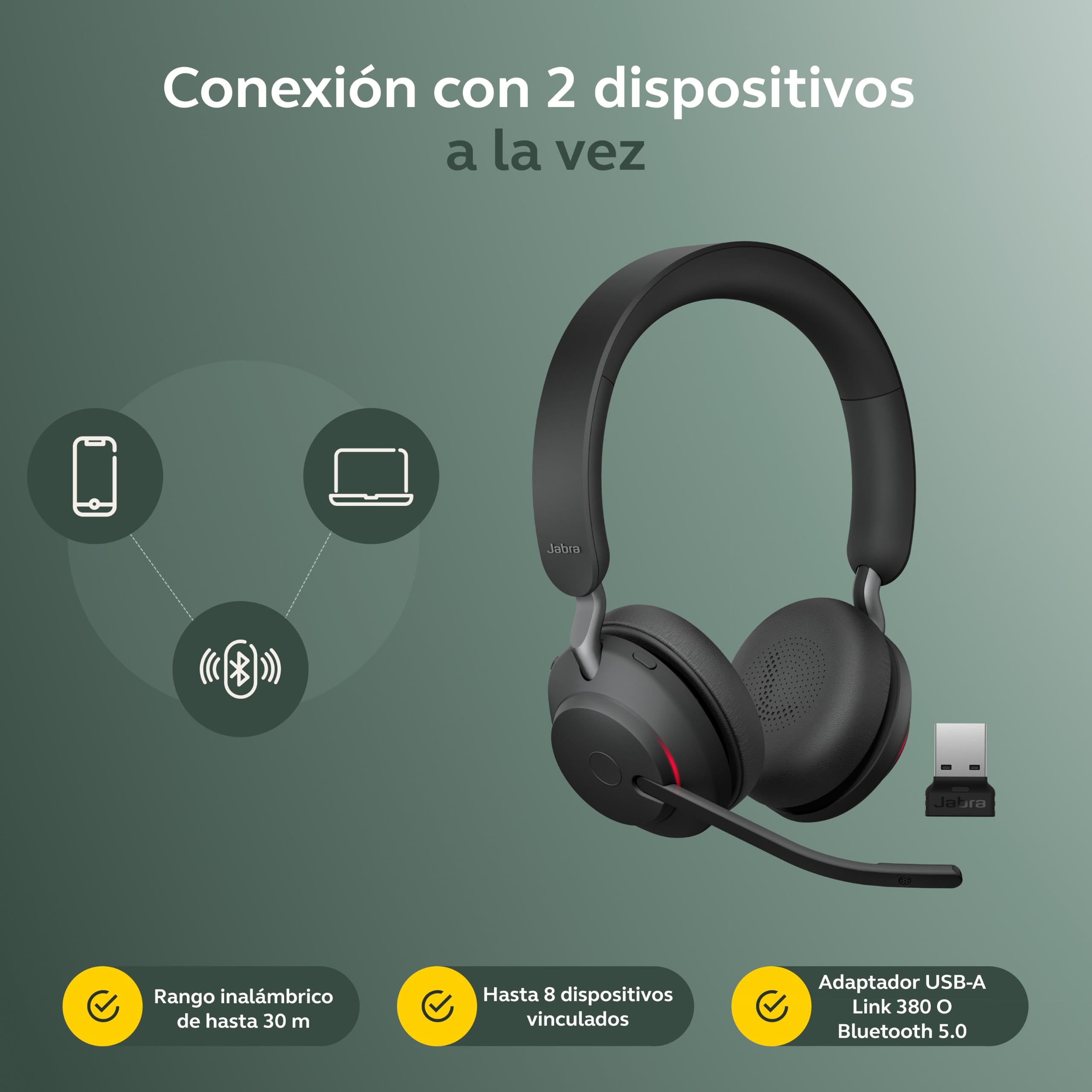 Jabra Evolve2 65 Auriculares Inalámbricos Estéreo PC con Cancelación de Ruido - Certificados para Microsoft Teams - Batería de Larga Duración - Adaptador Bluetooth USB-A - Negro