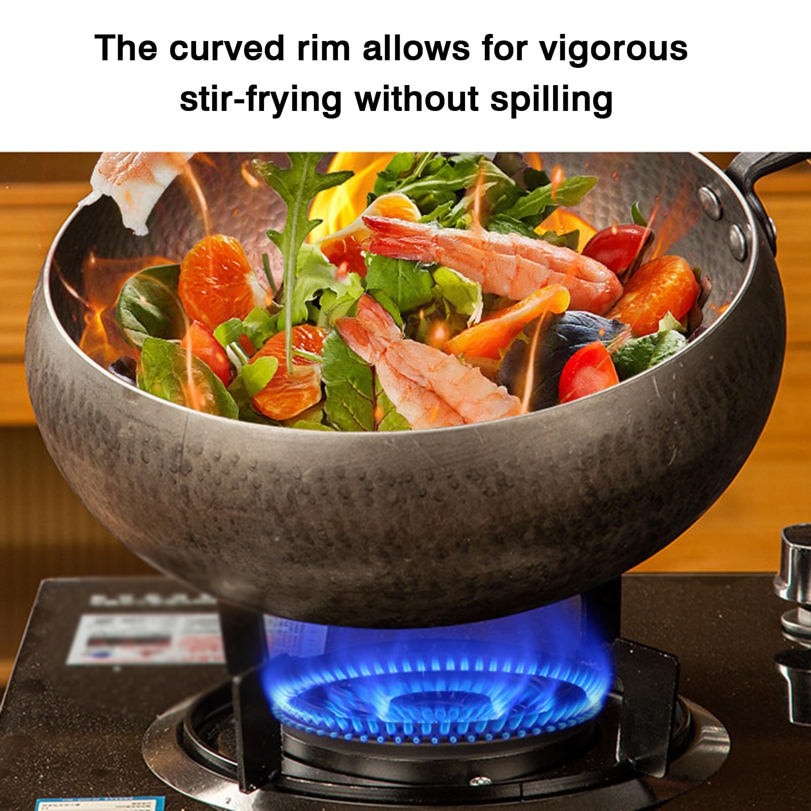 Wok en fer à fond rond et corps profond (non revêtu, antiadhésif)