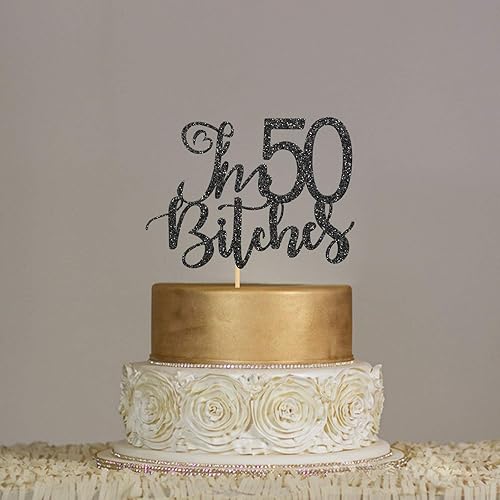 Miniatura 4 de Decoración para tartas con purpurina negra con texto en inglés "I'm 50 Bitches", para 50 años, para mujer o hombre, suministros para fiestas de