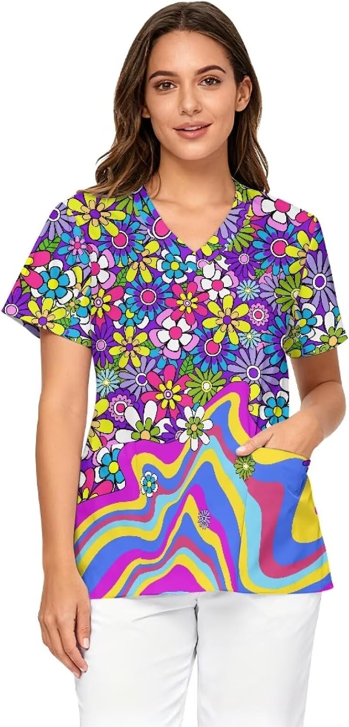 Oversized Scrubs for Women V Neck Printed Medical Scrub Tops Soft Nurse Uniform Shirts with Pockets Size S - 5XL