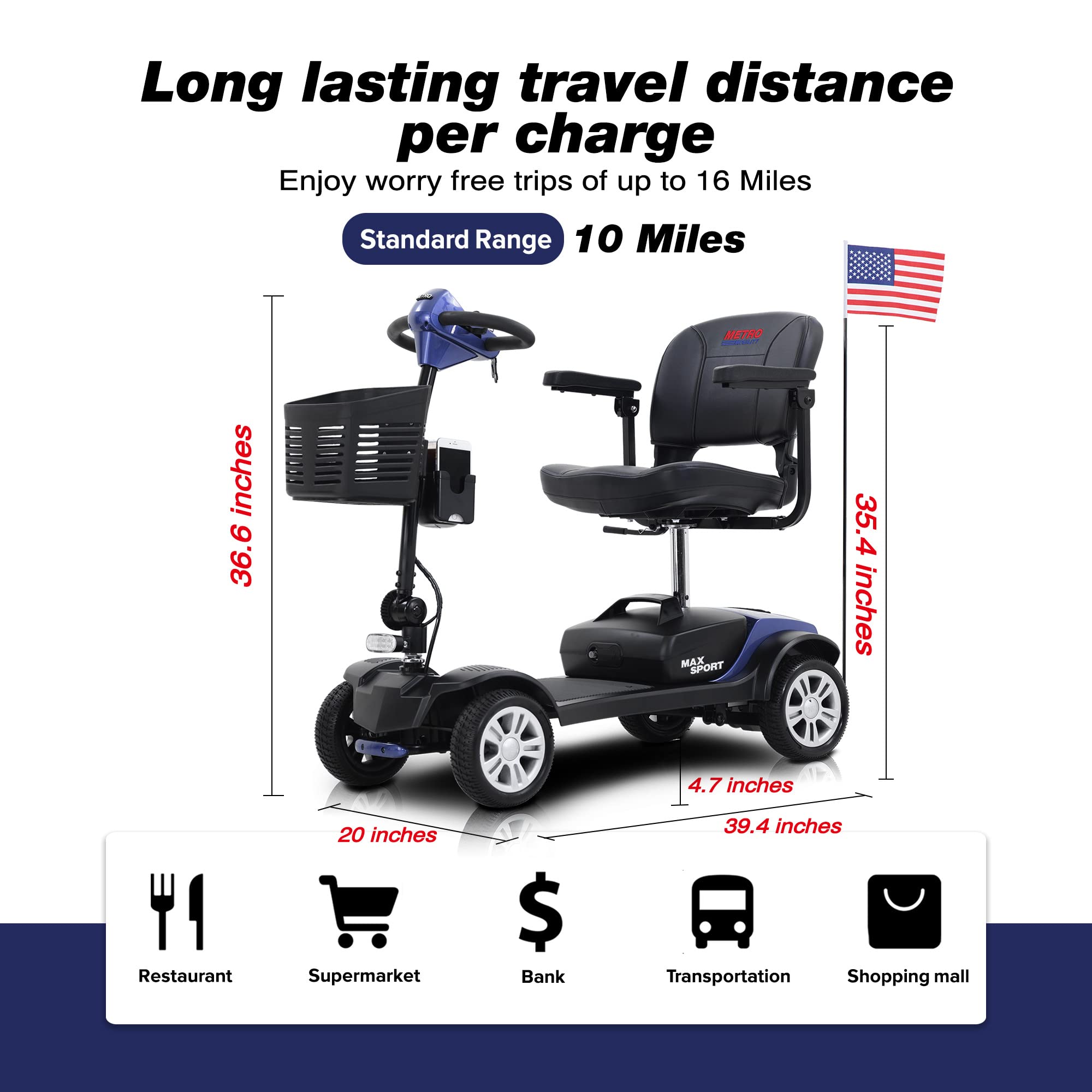 Folding Electric Mobility Scooter, 4.97 mph Max Speed, 10 Mile Range, 300 lbs Weight Capacity, 12V Lead-Acid Batteries, 300W Motor, Silver
