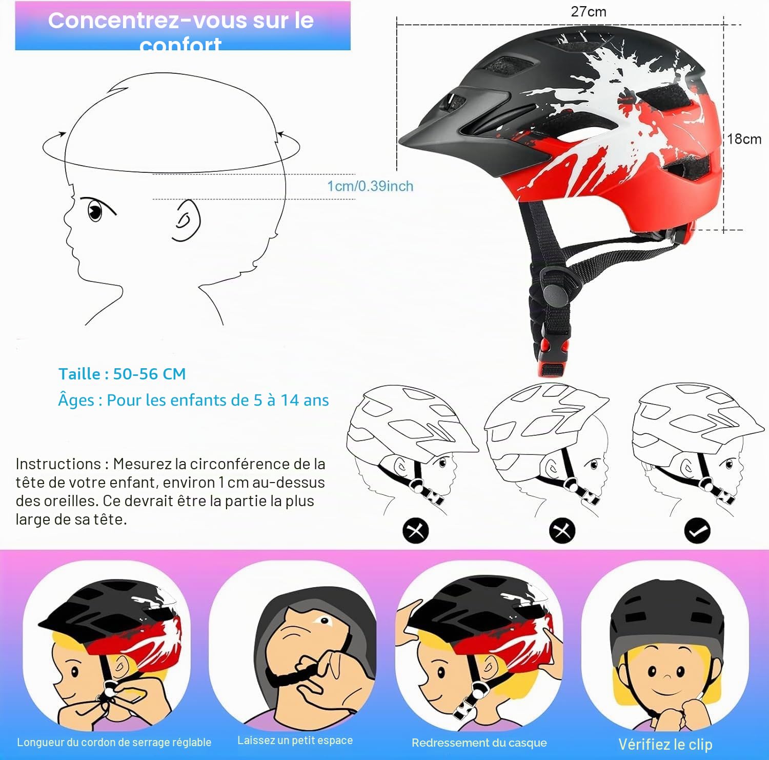 Casque de vélo Enfants 4-15 Ans léger avec feu arrière Cadran réglable visière Amovible 48-56 cm