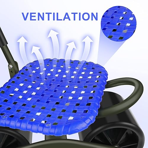 Miniatura 5 de i COVER Taburete rodante de jardín con 2 ruedas y bolsa de herramientas, carrito estable y resistente, altura ajustable del asiento y dirección para