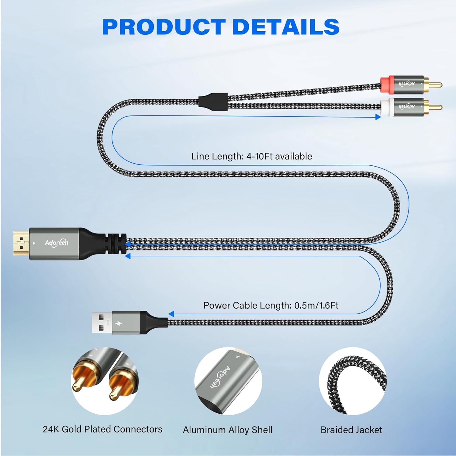 192KHz Unidirectional HDMI ARC/eARC to 2 RCA Audio Converter Cable 6 Ft, USB Powered L/R Stereo Audio Extractor Adapter Splitter for TV to Soundbar Home Theater Systems Amplifier Speaker -Plug & Play
