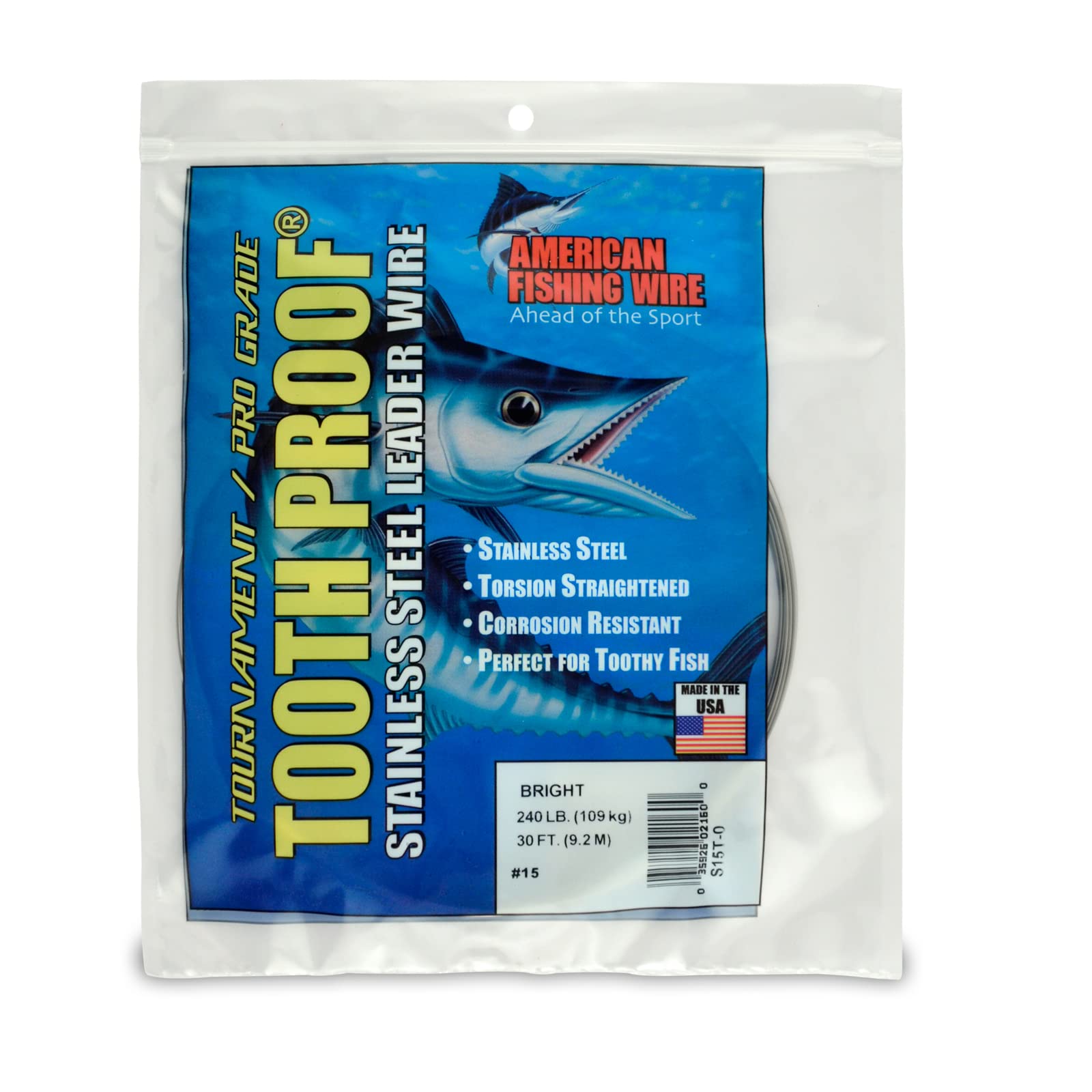 AFW #15 Tooth Proof Stainless Steel Single Strand Leader Wire, 240 lb Test, Bright, 30 ft