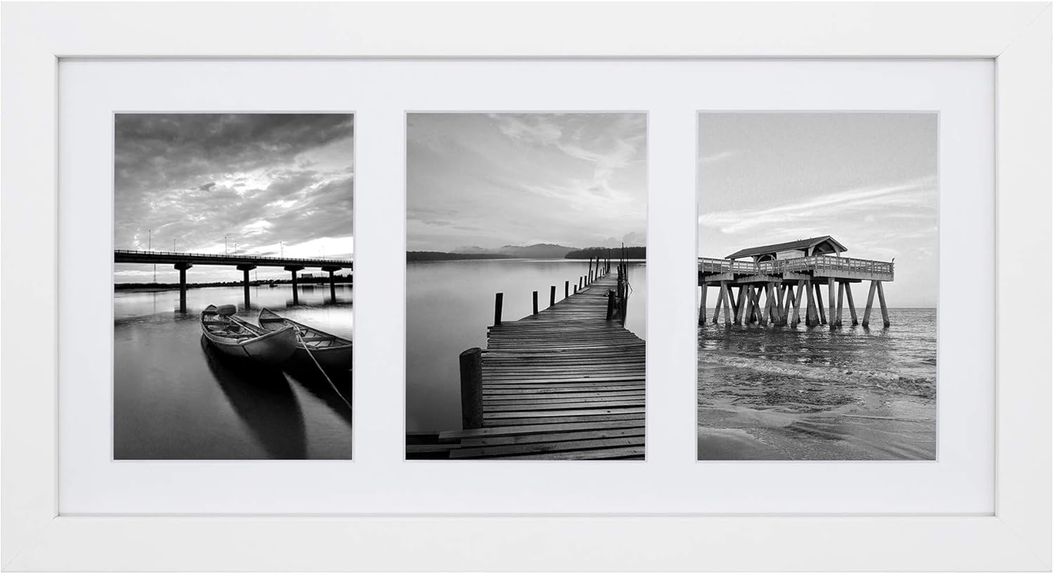 Golden State Art, Display (3) 5x7 Pictures, 9x18 White Photo Wood Collage Frame with White Mat & Real Glass (White)