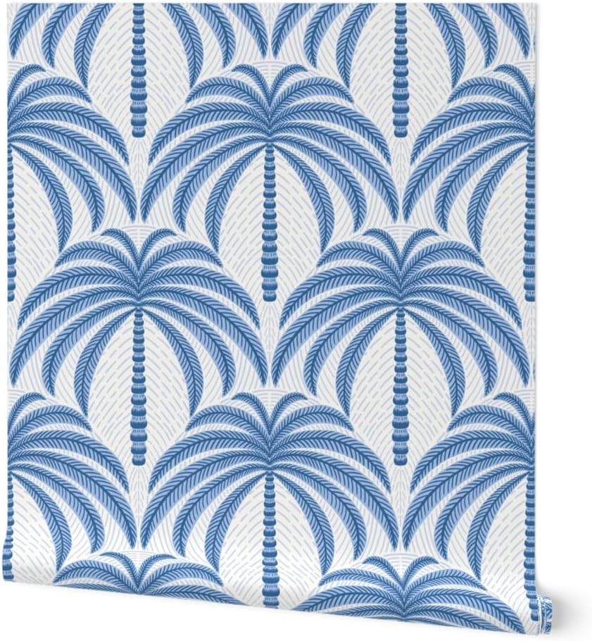 Spoonflower Peel & Stick Wallpaper 3ft x 2ft - Palm Trees Blue and White Large Scale Tropical Palms Geometric Coastal Nautical Custom Removable Wallpaper