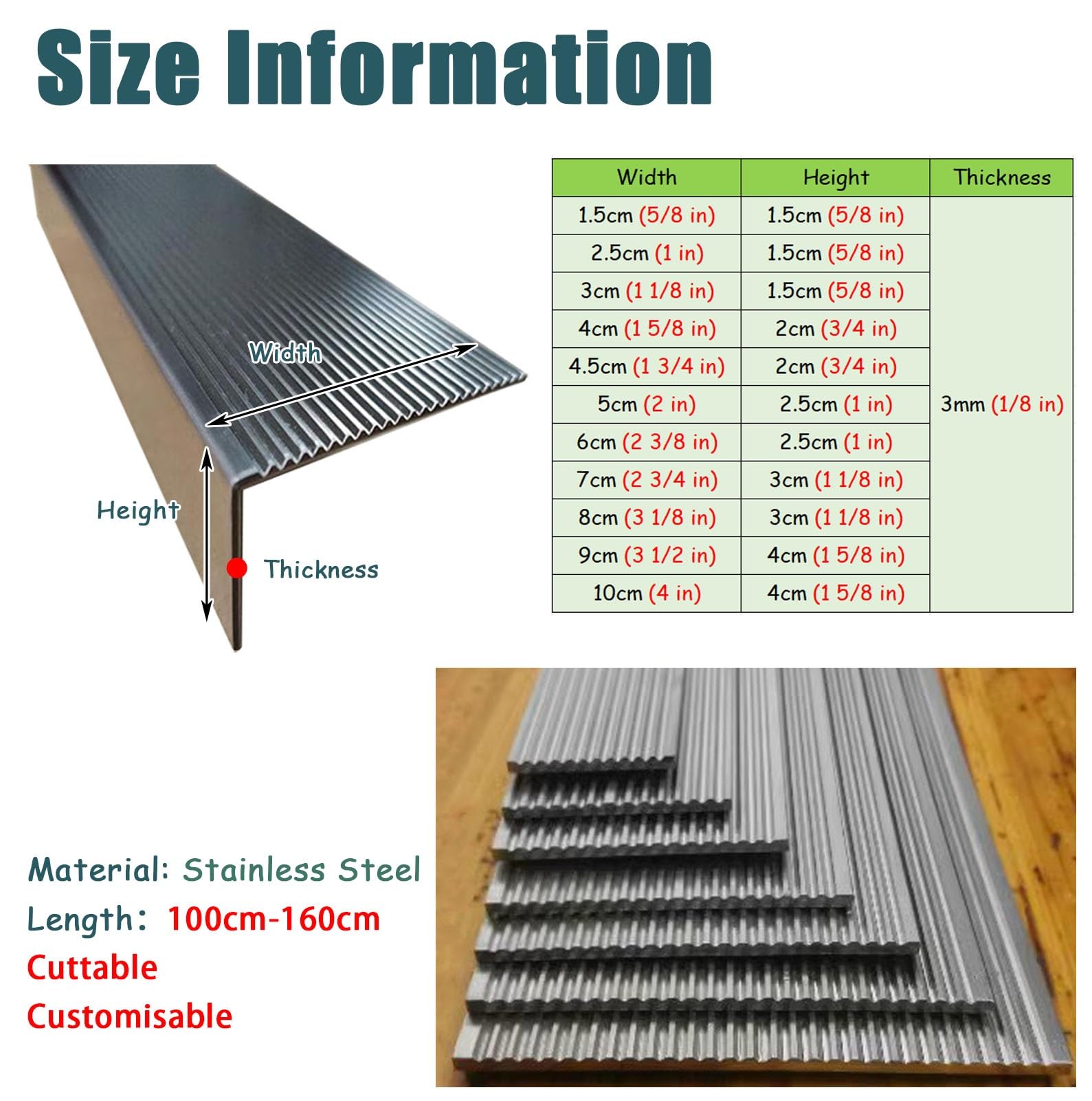 Genérico Perfil de remate para peldaños de escaleras de Madera, hormigón y baldosas - Protector de Borde en Forma de L, 5-10 cm de Ancho, 130 cm de Largo, Tira de transición para alféizares y Suelos,