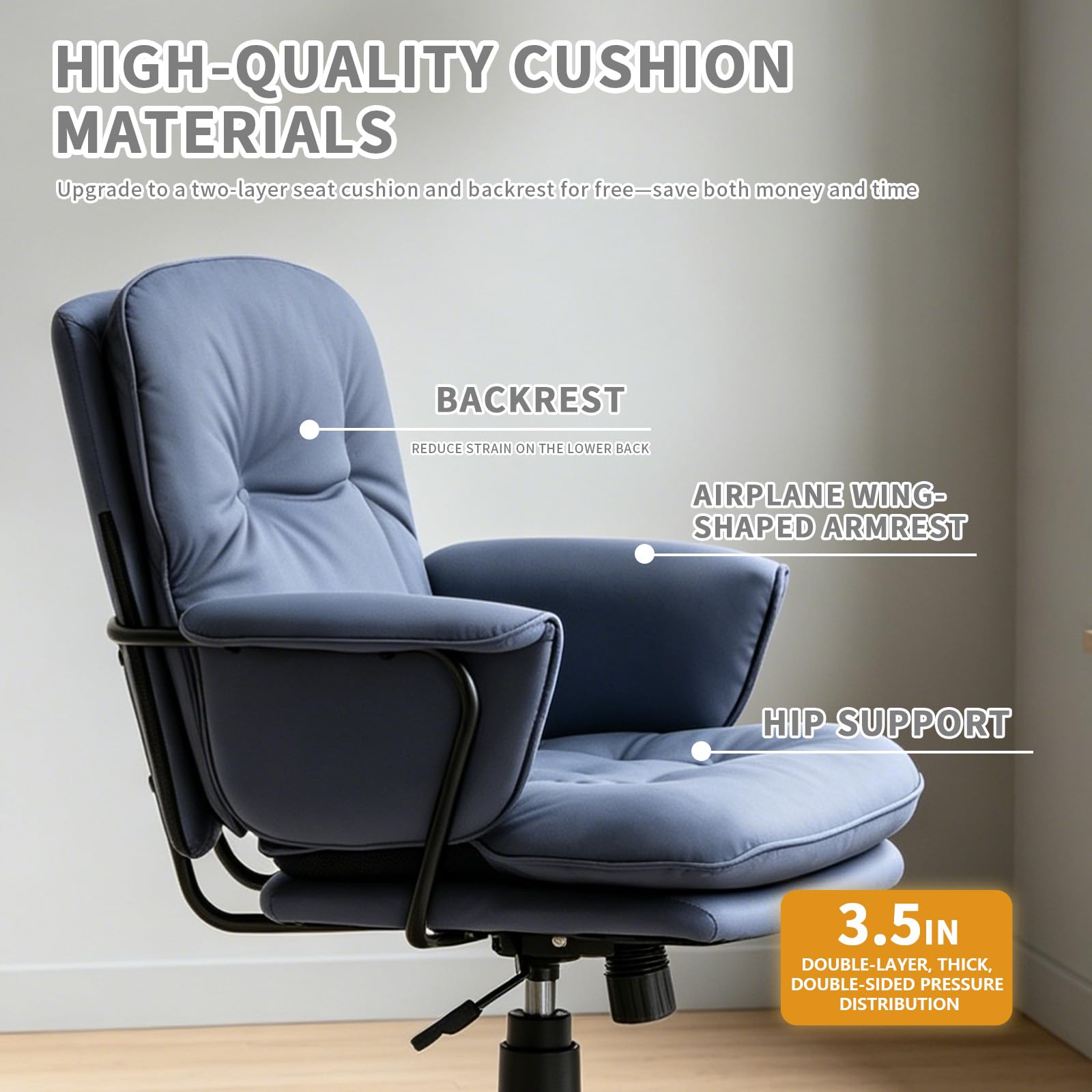 Vigosit Silla giratoria ergonómica con cojín de asiento de 10 cm de grosor, reposabrazos en forma de alas y altura regulable, con una capacidad de carga de hasta 150 kg, equipada con ruedas