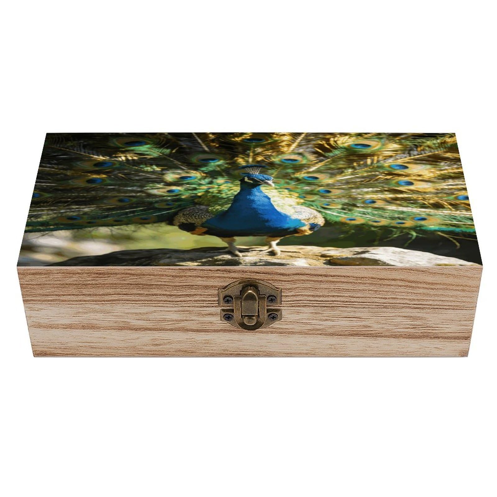 Khauerbc Men's Style Beautiful Peacock With Colorful Feathers Locked Wooden Keepsake Box With Hinged Lid For Crafts And Photo Storage,Keepsake Box Jewellery Organiser Unique Gift Ideas For & Wo