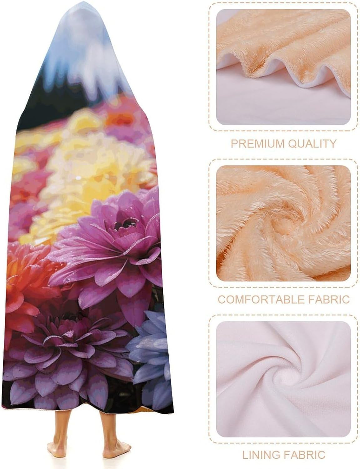 Rainbow Flower Sea Wearable Hooded Blanket, Ultra Soft Arctic Velvet Cape Cloak Unisex - Cozy Wearable Blanket