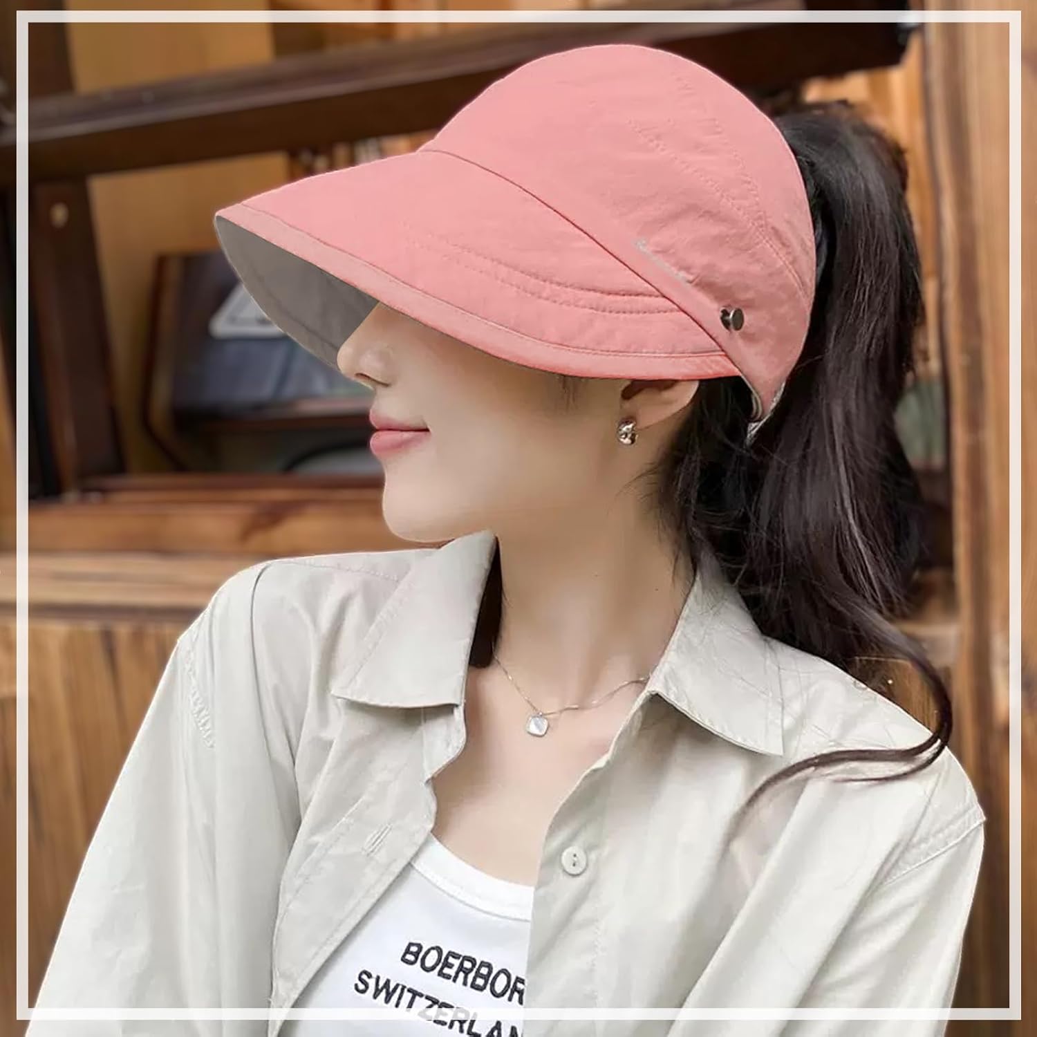 Women Visor Ponytail Sun Hat for Outdoor Uv Protection Wide Brim Sun Hats Packable Golf Running Visor Piping Black - Image 4