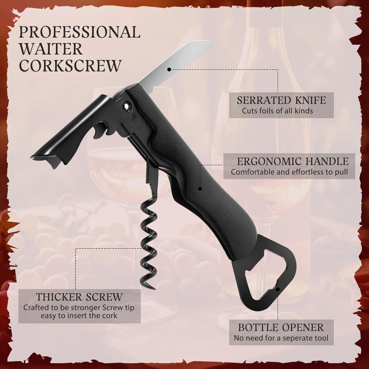Hushee 24 Pcs Wine Opener Bulk with Foil Cutter Corkscrew Key 3 in 1 Red Bottle Opener Professional Stainless Steel Beer Corkscrew for Beverages Bartenders Summer Party(Black)