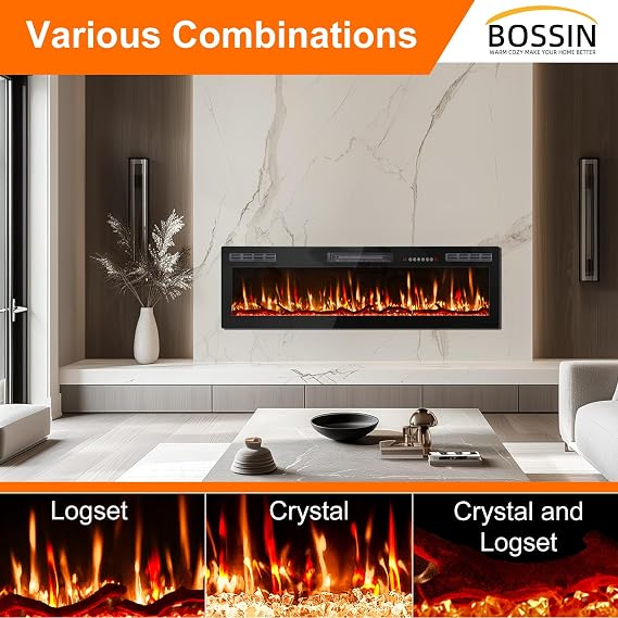BOSSIN 68 Inch Ultra-Thin Silence Linear Electric Fireplace, Recessed and Wall Mounted Fireplace, Fireplace Heater with 12 Adjustable Flame Color, Remote Control, Log & Crystal Options, 750/1500W