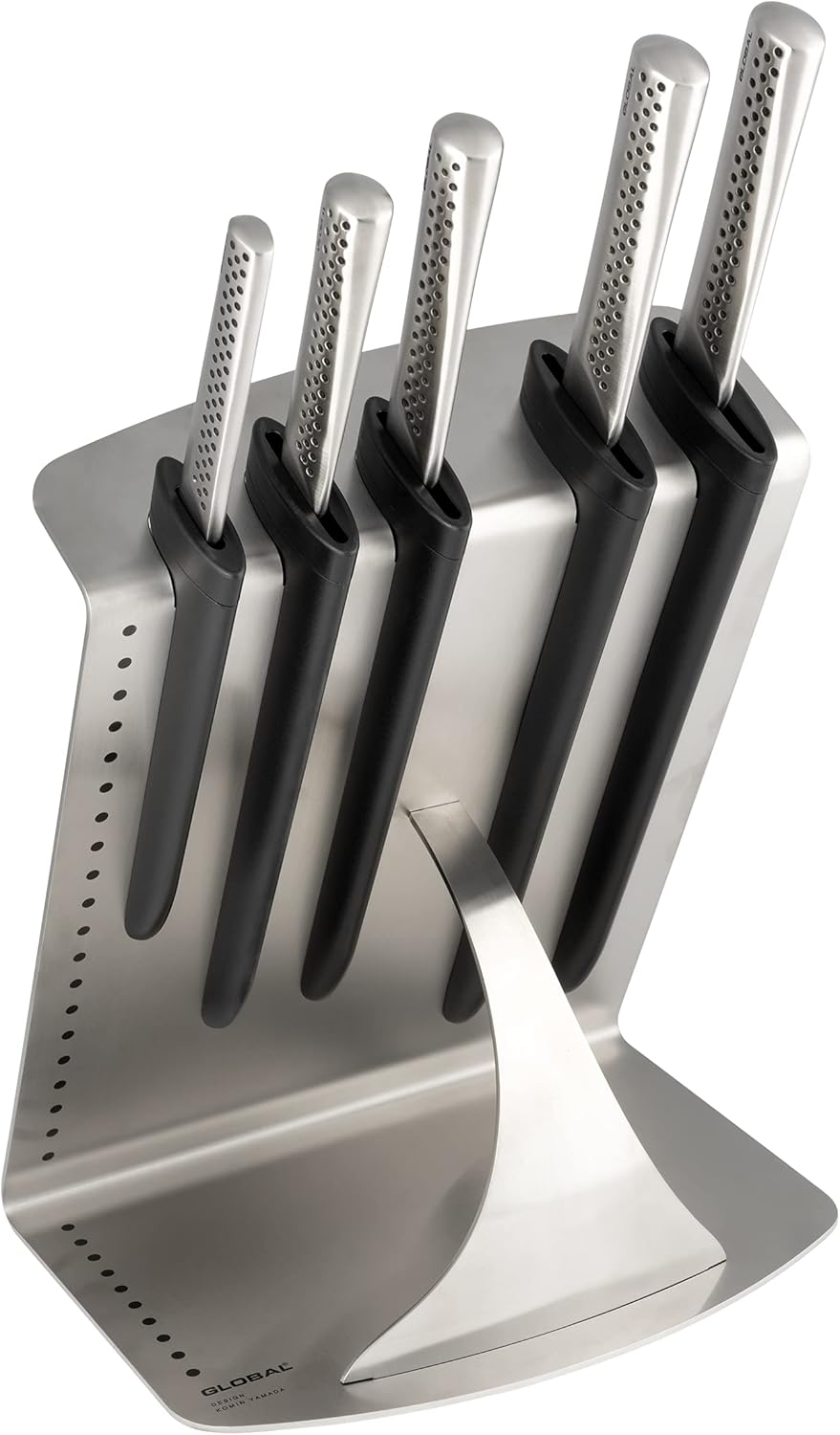 Global UKON 6-Piece Professional Kitchen Knife Set, CROMOVA 18 Stainless Steel – Contains 5 Kitchen Knives & 1 Knife Block, Silver