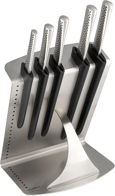 Global UKON 6-Piece Professional Kitchen Knife Set, CROMOVA 18 Stainless Steel  Contains 5 Kitchen Knives & 1 Knife Block