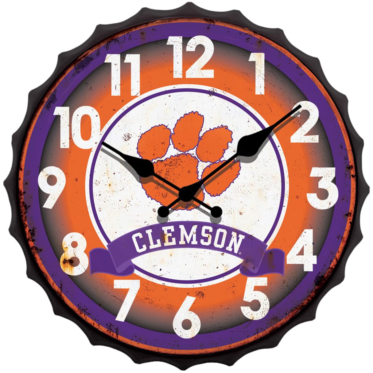 Hanna's Handiworks Clemson University NCAA zegar z zamknięciem do butelek w stylu vintage, metalowa, sztuka ścienna – pokaż swojego szkolnego ducha w męskiej jaskini, akademiku, sypialni, mieszkaniu