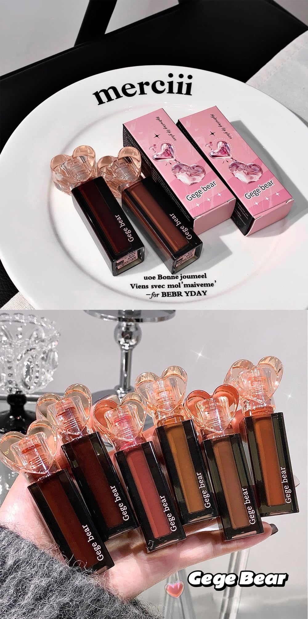 Gege Bear Sweetheart Lip Glaze | 6 Glossy Lip Colors with Heart-Shaped Cap | Korean Style Translucent Lip Gloss for Women | Lightweight Lip Tint with Moisturizing Formula | Lipstick Combo for Girls | Non-Sticky Glossy Finish (02#RED GRAPEFRUIT TEA (Red Grapefruit), 3g) 4