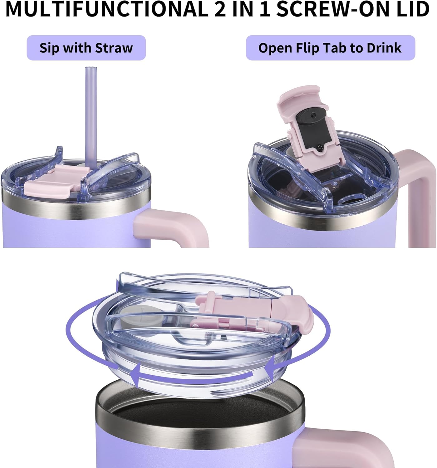 THILY 40 oz Stainless Steel Tumbler with Handle - Vacuum Insulated Travel Cup, Splash-Proof & Leakproof Lid, 2 Straws & Brush | Keeps Cold 34H/Hot 12H, Cupholder Friendly, Lavender Dream - Image 2