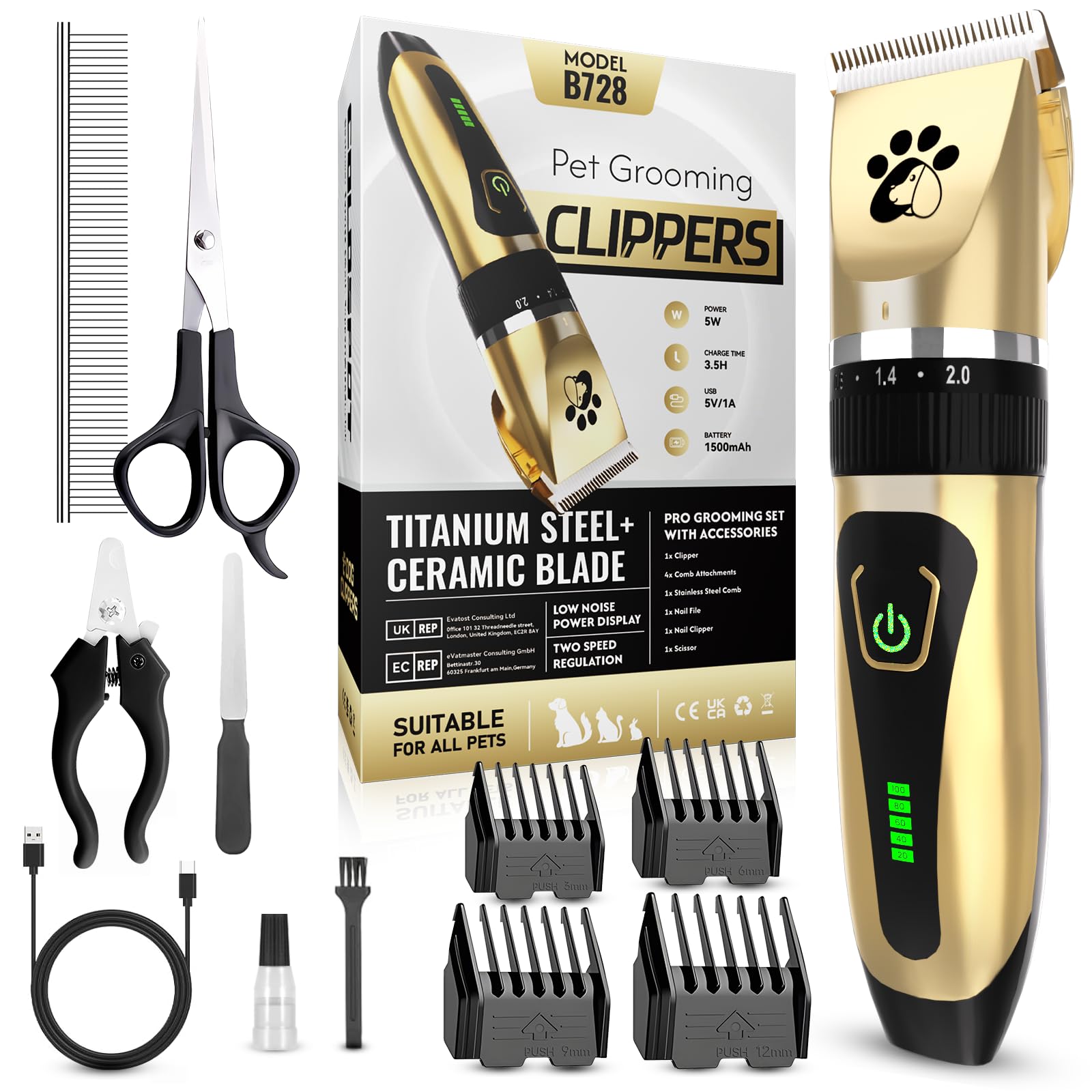 Dog Clippers Cordless, Professional Pet Clippers, 2-Speed Low Noise Dog Grooming Kit, Pet Trimmer for Small Large Thick Hair Dogs Cats
