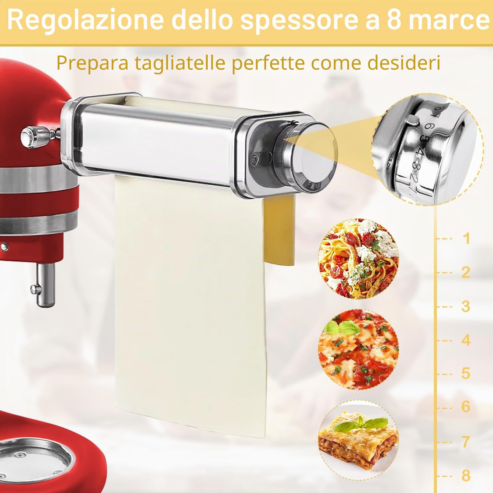 Inserto per pasta in acciaio inox 304, adatto per robot da cucina Kenwood, accessori per pasta con manopola girevole, 8 spessori regolabili, rullo per pasta Kenwood accessori Kmix, argento