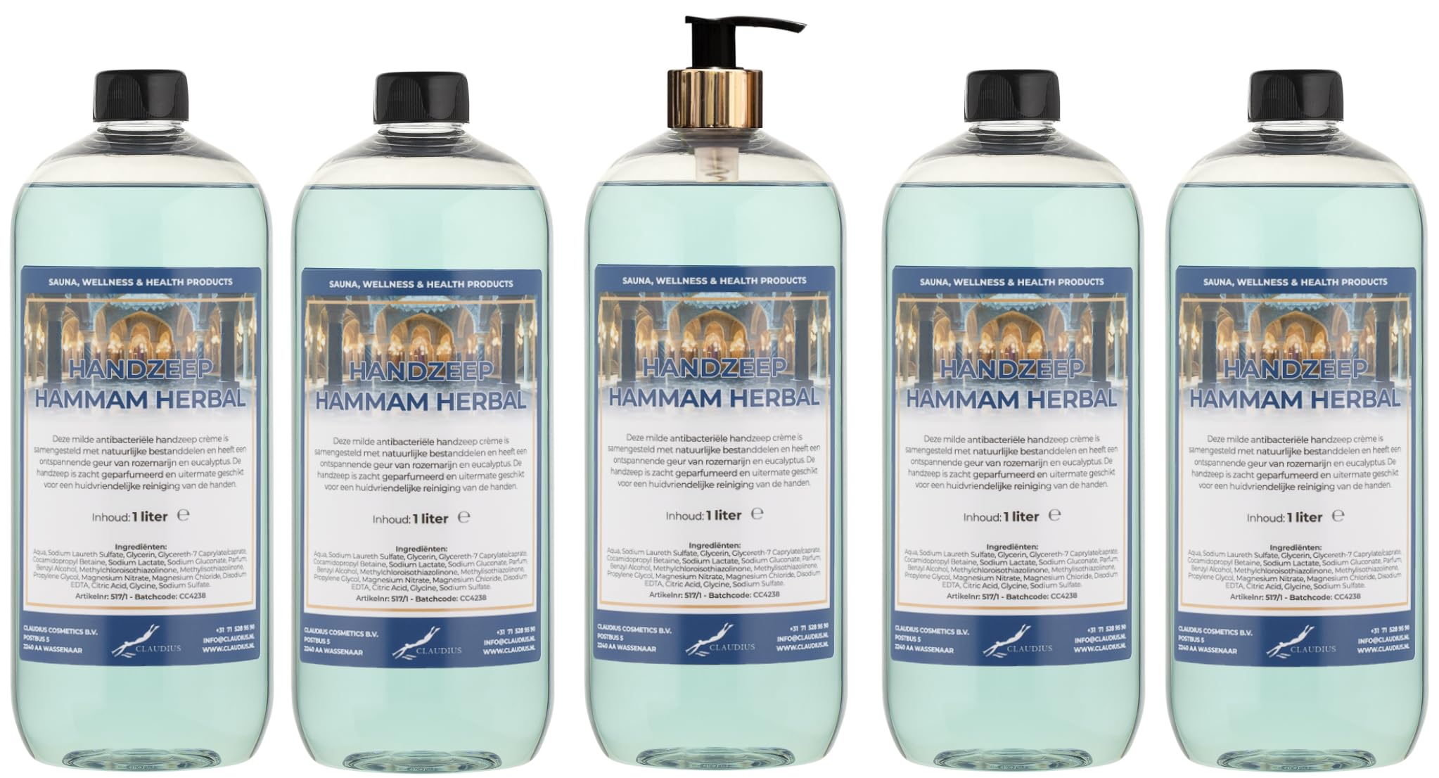 Handseife Hammam Herbal 5 x 1 Liter mit Goldpumpe (transparent)
