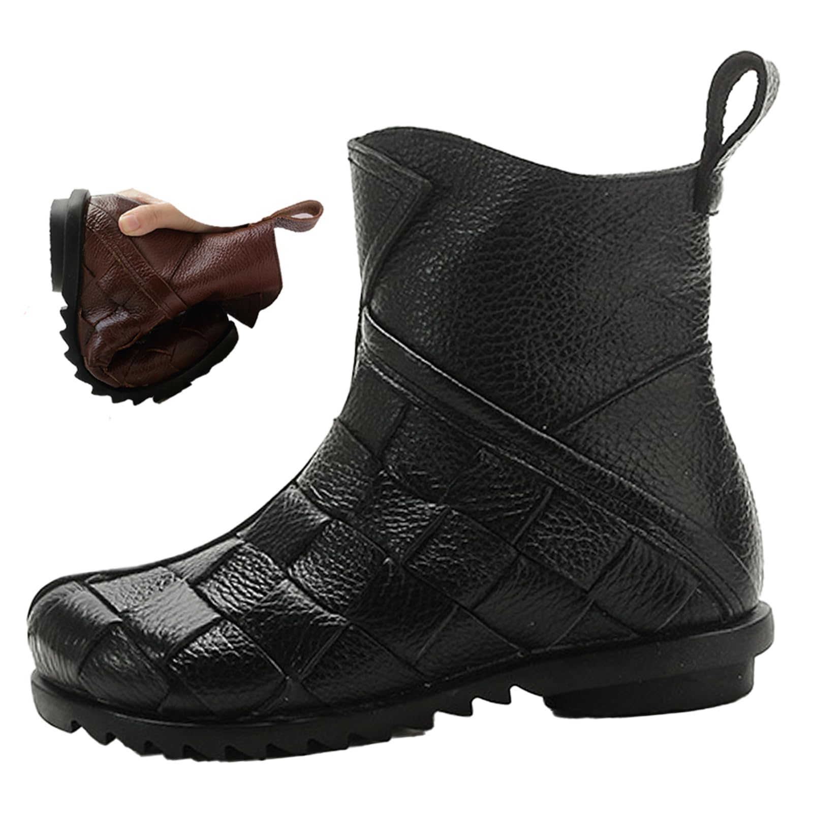 Keilinia Womens Woven Leather Zipper Casual Ankle Boots Fall Winter Comfortable Non-slip Soft Sole Dress High Short Booties