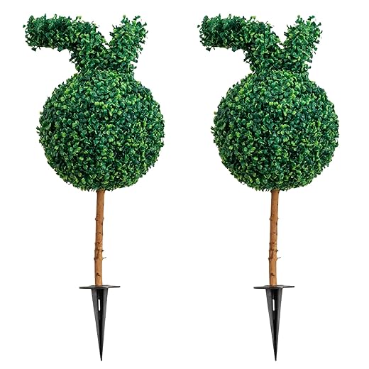 Nearly Natural 2ft. UV Resistant Artificial Easter Bunny Boxwood Topiary with Integrated Ground Stake (Indoor/Outdoor) - Set of 2