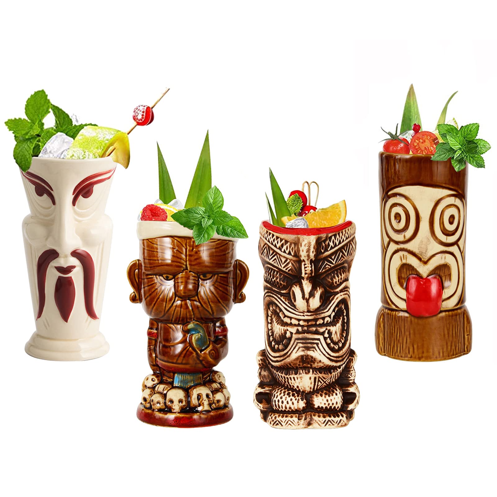 Tiki bar Tiki Bicchieri per cocktail Tiki Tiki Tiki Set di 4 simpatici bicchieri da cocktail esotici, Tiki Bar Professional Hawaiian Party Barware, 5