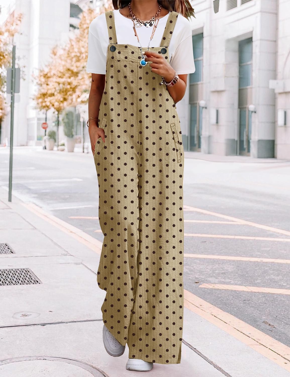 YESNO Women's Casual Corduroy Overalls Adjustable Straps Baggy Pants Wide Leg Jumpsuits with Pockets PC2: Large Dot Khaki