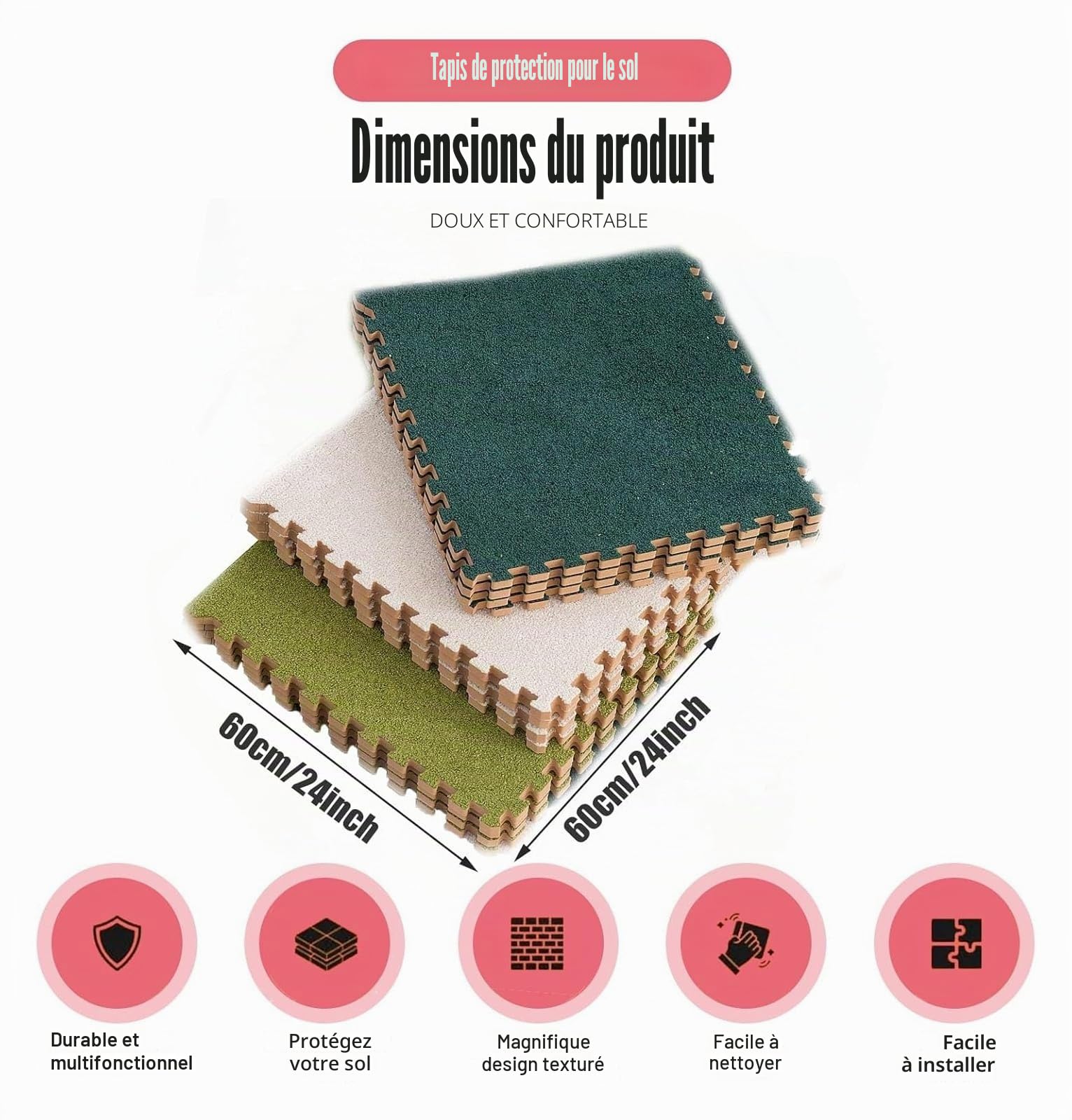 Lot de 10 Tapis de Sol Puzzle carrés 30 x 30 cm, en Peluche Courte, à emboîter, épais, avec Bordure, for décoration d'intérieur(Beige)