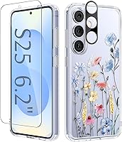 Vista 106 de GVIEWIN Funda protectora para Samsung Galaxy S25, transparente floral, delgada, a prueba de golpes, para mujer, no se pone amarilla, con protector