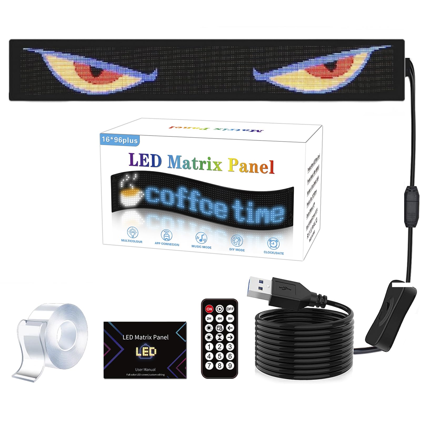 Ojos LED para Camion, Pantalla LED Flexible Coche Programable Grande, Ojos de Diablo para Coche, para Bricolaje, Dinámica, LED Inteligente, Colorida, Pantalla Suave (19.2 * 89.8CM)
