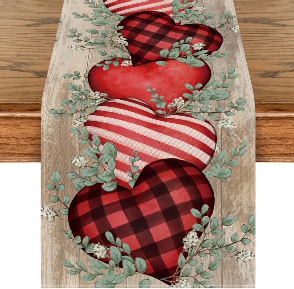 Artoid Mode Wood Eucalyptus Hearts Valentine's Table Runner, Anniversary HoliKitchen Dining Table Decoration for Home Party Decor 13x108 Inch