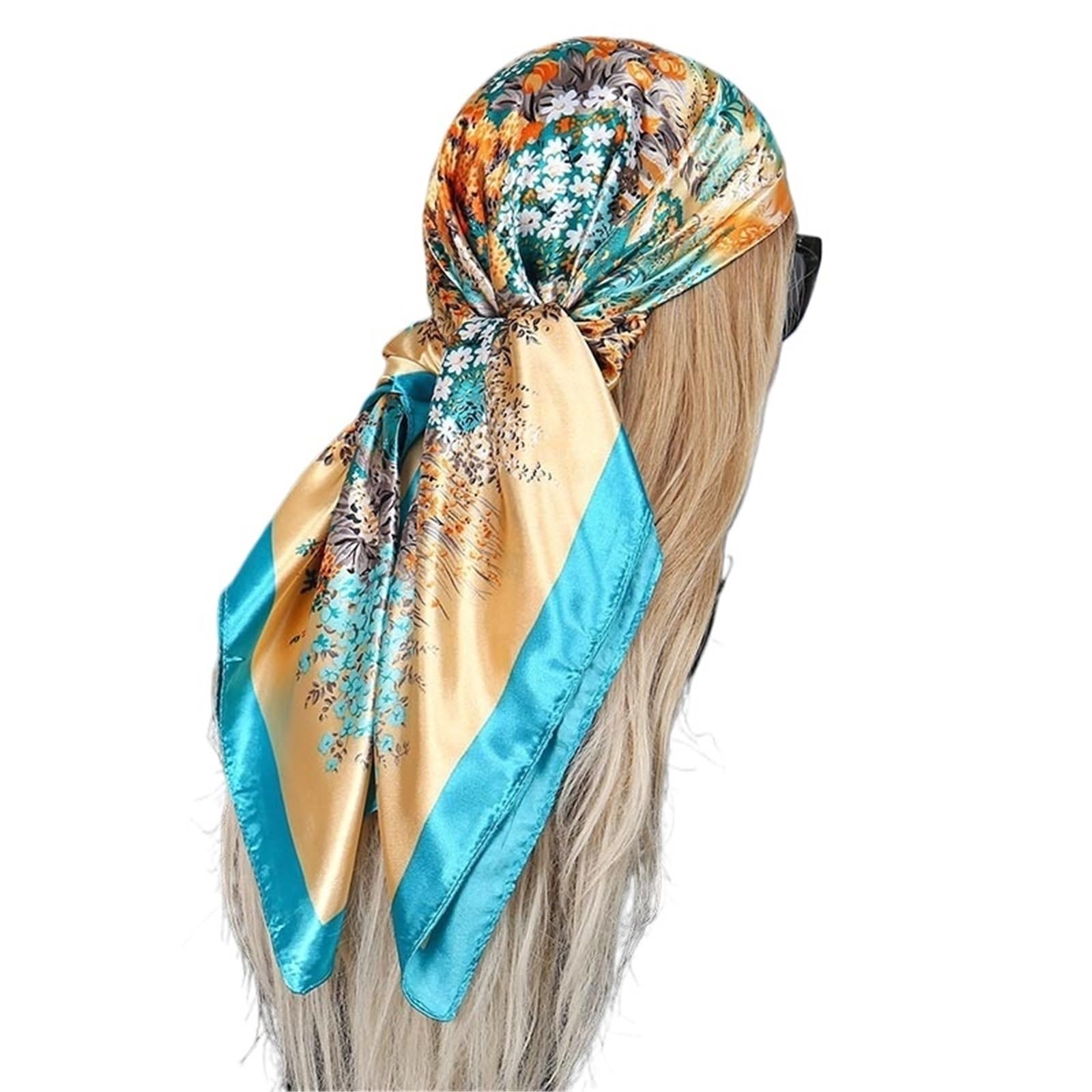 Szaliki, Kwadratowy jedwabny szal damski z nadrukiem satynowym, chusta hidżabowa, opaska na głowę, 90 * cm, dla kobiet(Blue)