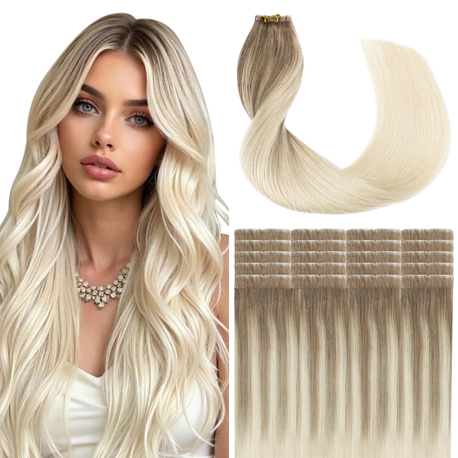 SURNEL Extension Adhesif Cheveux Naturel Injection Blonde Platine Balayage #8/60 Extension Cheveux Naturel Adhesif Invisible Brun Clair Ombre Blond Platine 35g/20pcs 40cm Lisse (I#8/60-16)