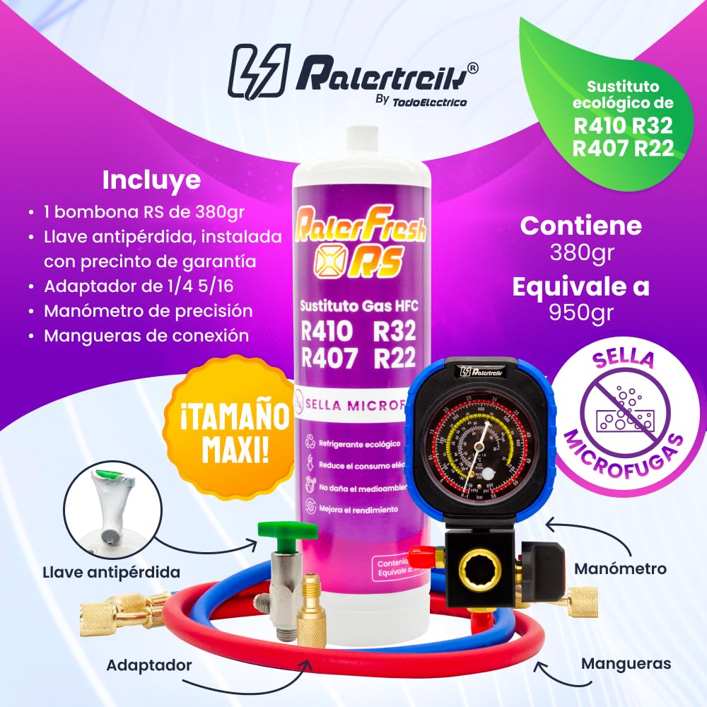 Ralerfresh RS Kühlgas Ersatz R410, R32, R407 und R22 Kühlmittel für Klimaanlagen Typ Split (Flasche + Manometer RF31 + Adapter)