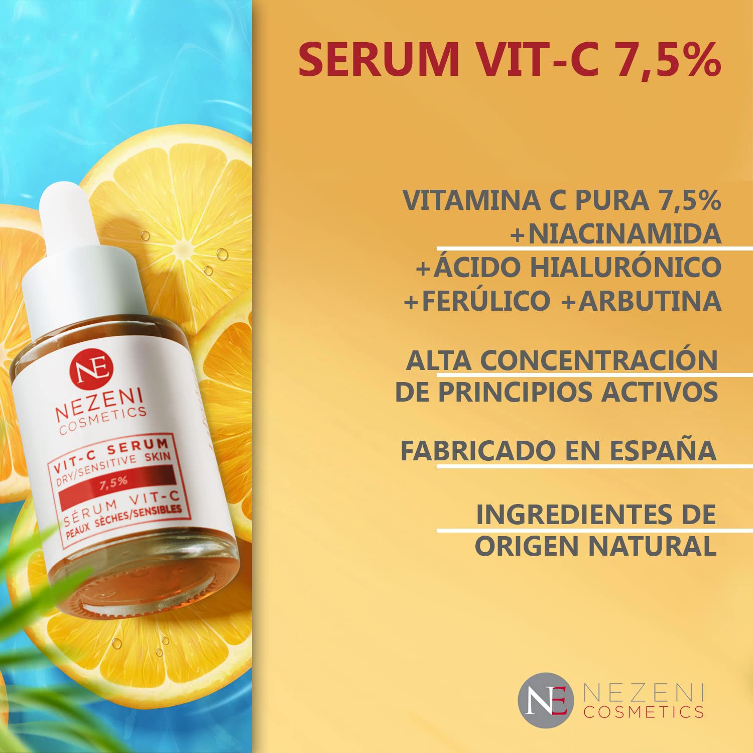 Sérum Facial 7,5% VITAMINA C con Ácido Hialurónico + Niacinamida – 9 principios activos - BAJO CONSERVANTES 2 años caducidad cerrado