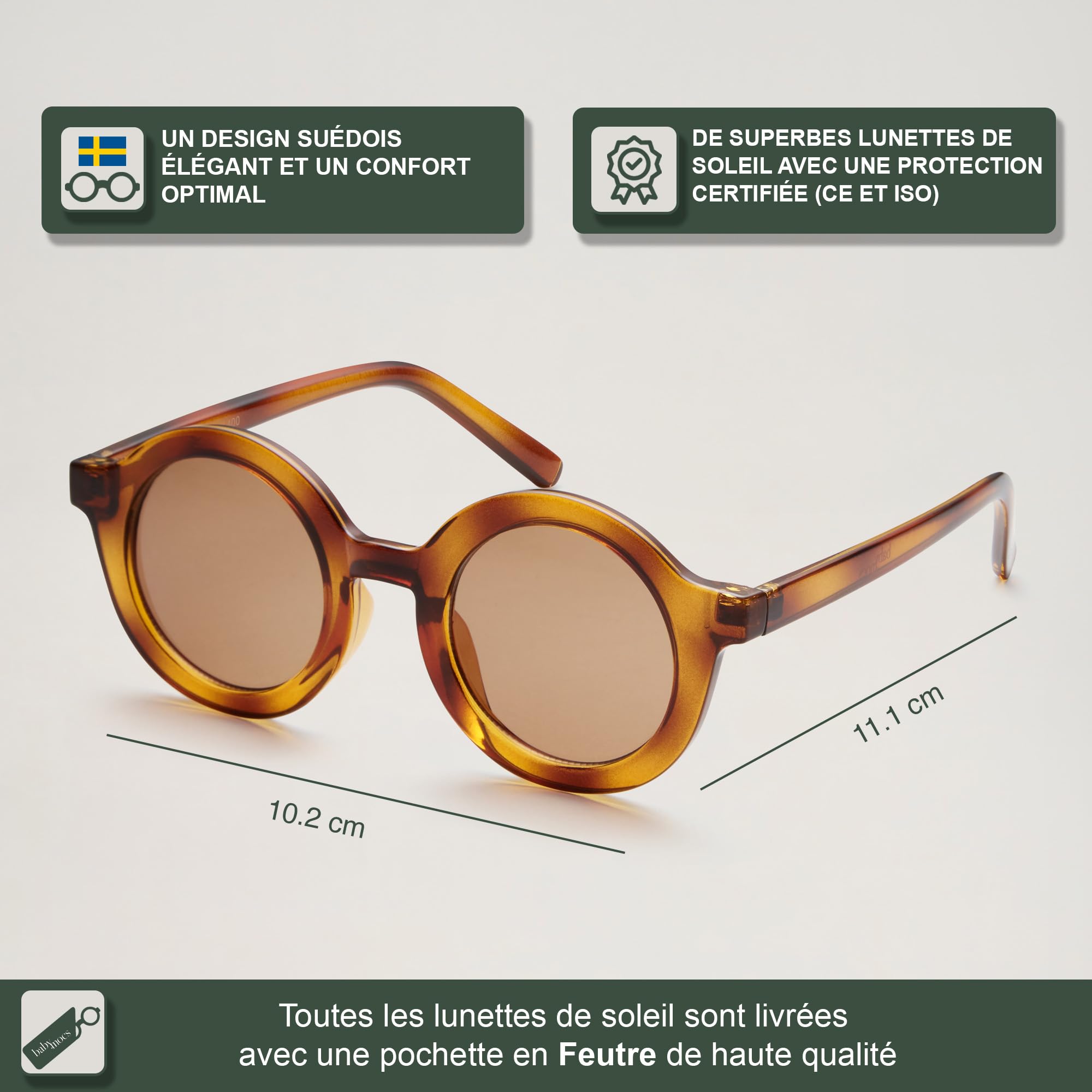 BABYMOCS Lunettes de soleil pour bébé de 0 à 1,5 ans I Protection 100 % UV400 Cat.3 I Cadre en bioplastique recyclé sans BPA I Lunettes de soleil rondes pour bébé garçon et fille I Design suédois I