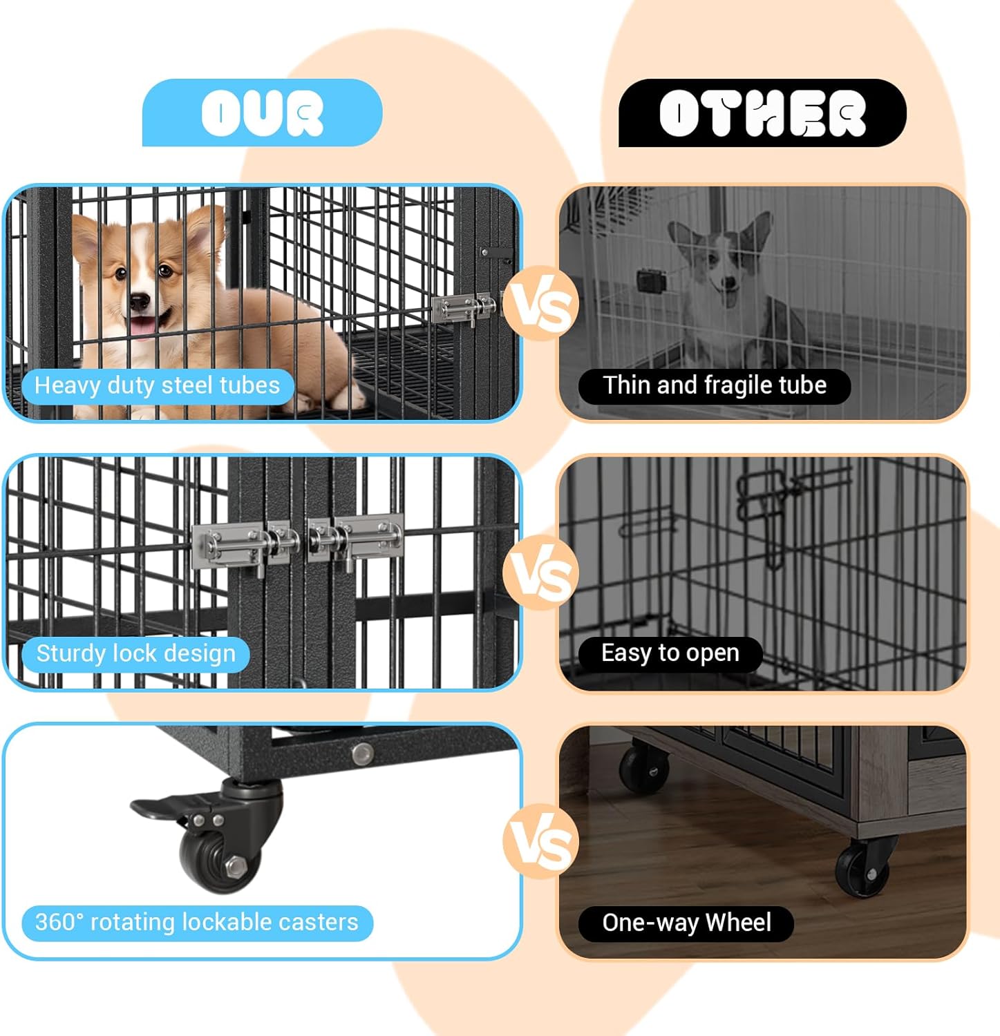 48 Inch Heavy Duty Dog Crate,Indoor Dog Kennel with Lockable Wheels and Removable Tray,Indestructible Escape-Proof Dog Cage for Indoor & Outdoor Use 47.24" L x 29.92" W x 35.04" H