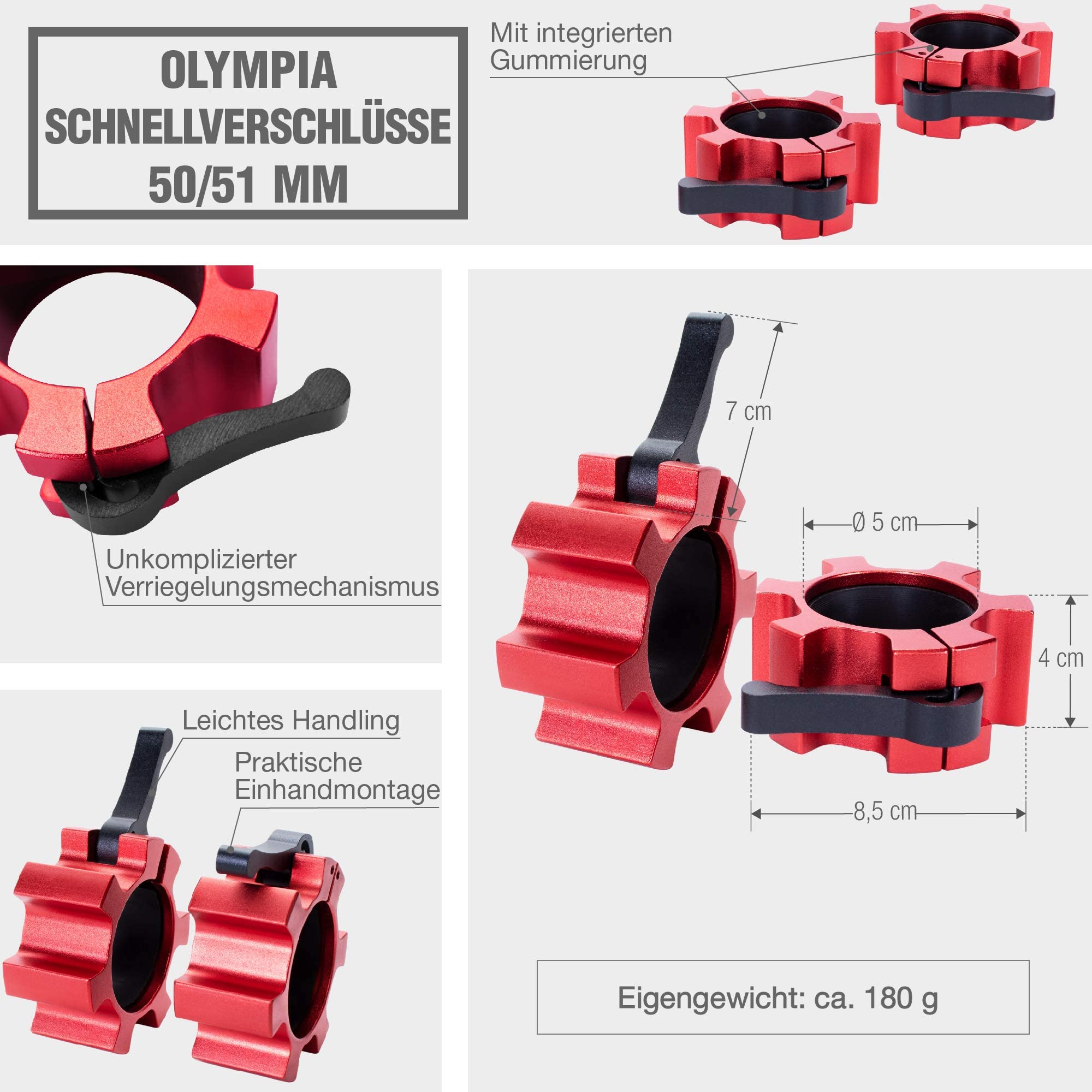 GORILLA SPORTS® Hantelverschlüsse 50/51 mm, 1 Paar, Schnellverschluss | Aluminium-Klemmen mit Gummierung und Einhandhebel für Olympia-Langhanteln, Kurzhanteln und Curlstangen, rutschfest