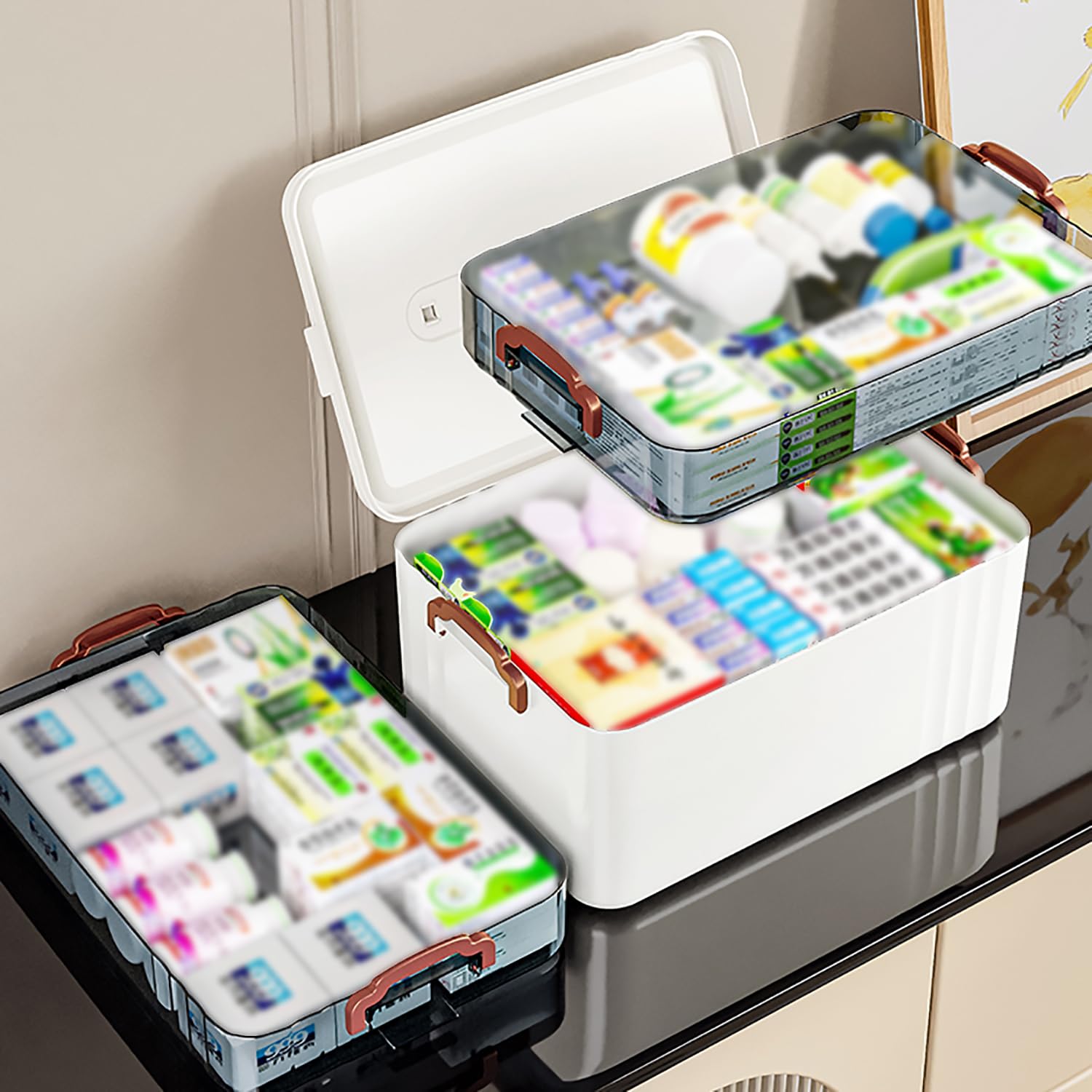 Boîte Pharmacie Rangement,Multi-Couches avec Poignée,pour Bijoux,Médicaments, Cosmétiques(Blanc)