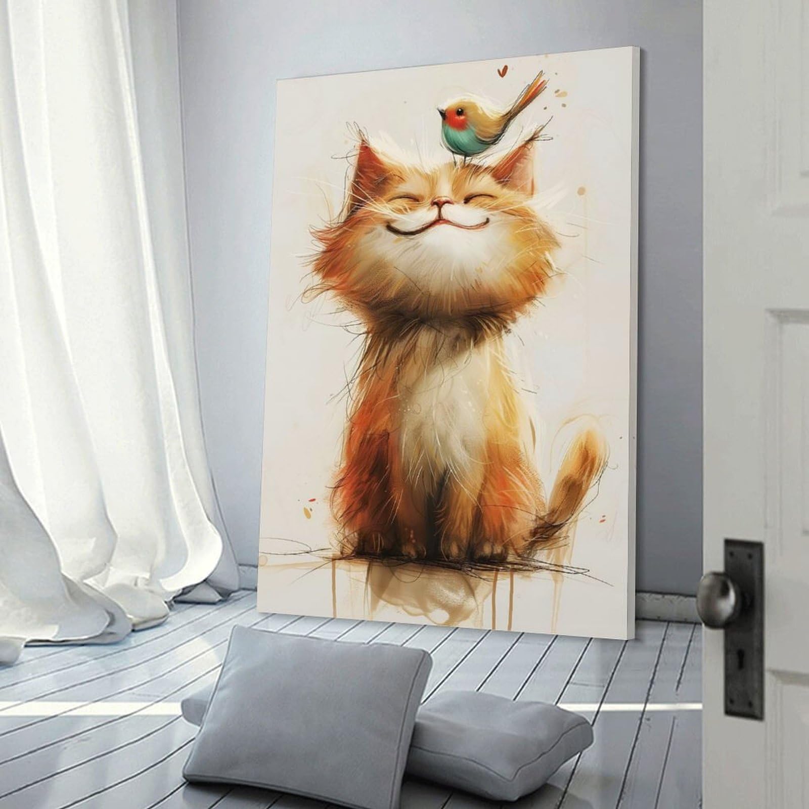 Junmoney Frame-Style Canvas Art Print The Cat And The Bird, 08X12inch(20X30cm), For Contemporary Homes, Apartments Or Offices, Decorative Canvas Decor For Home Updates